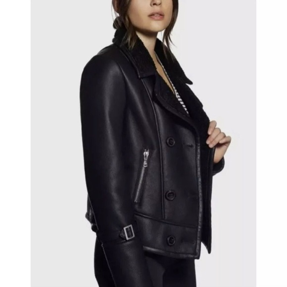Avec Les Filles $198 Black Faux Leather Moto Shearling Jacket New - Picture 3 of 8